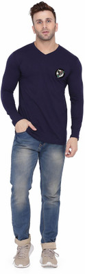 tfurnish Printed Men V Neck Dark Blue T-Shirt