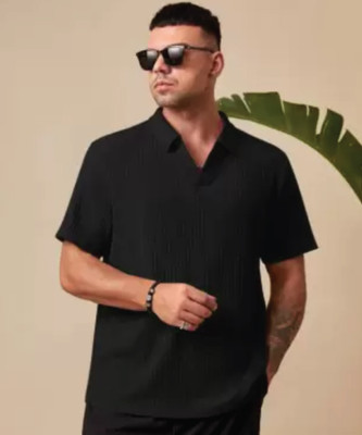 Christy World Solid Men Polo Neck Black T-Shirt