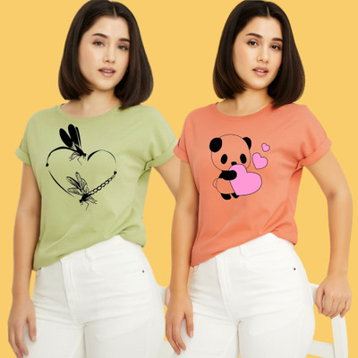 Kintu Parantu Printed Women Round Neck Green, Pink T-Shirt