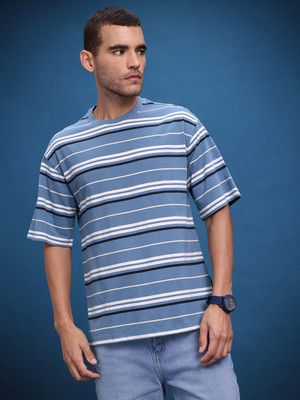 Roadster Striped Men Round Neck Blue T-Shirt