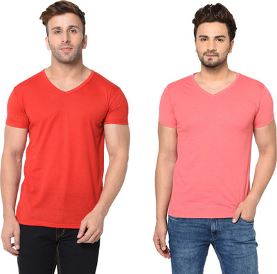 Adorbs Trend Solid Men V Neck Red, Pink T-Shirt