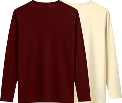 P collection Solid Men Round Neck Maroon, Beige T-Shirt