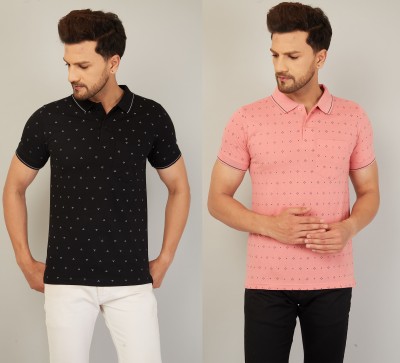 We Perfect Printed Men Polo Neck Black, Pink T-Shirt