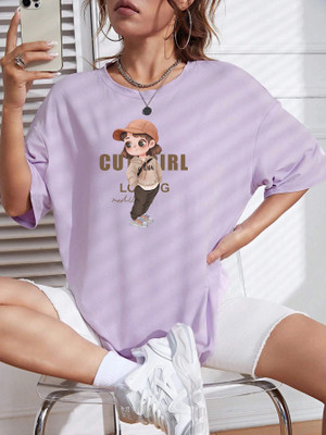 Calm Down Printed Women Round Neck Purple T-Shirt