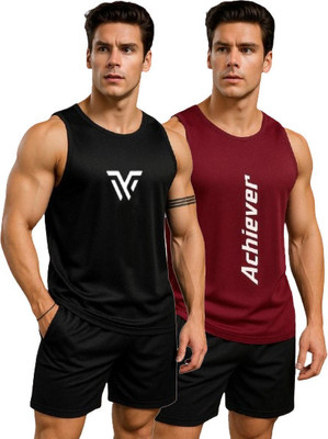 dashzone Printed Men Round Neck Black, Maroon T-Shirt