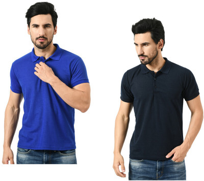 Kavvya Solid Men Polo Neck Blue, Dark Blue T-Shirt