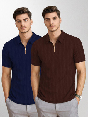 KAJARU Self Design Men Polo Neck Brown, Blue T-Shirt