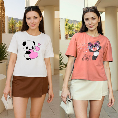 Kasendra Cartoon, Graphic Print Women Round Neck White, Pink T-Shirt