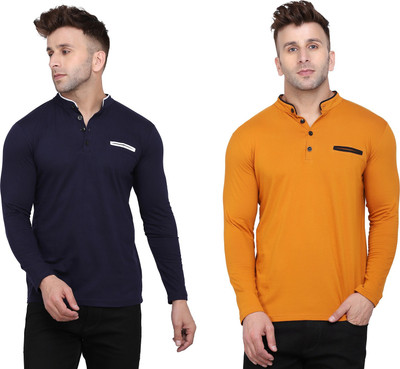Money Leaf Solid Men Mandarin Collar Dark Blue, Gold T-Shirt