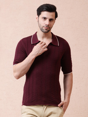NOQUO Striped, Self Design Men Polo Neck Maroon T-Shirt