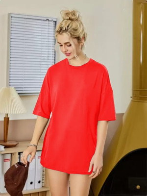 etsun Solid Women Round Neck Red T-Shirt