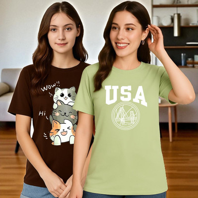 Elvia Graphic Print Women Round Neck Brown, Light Green T-Shirt