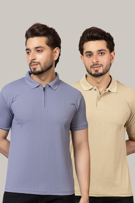 TRIUS Self Design Men Polo Neck Blue, Beige T-Shirt