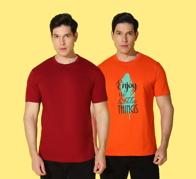 WOOSTRO Printed, Solid Men Round Neck Red, Orange T-Shirt