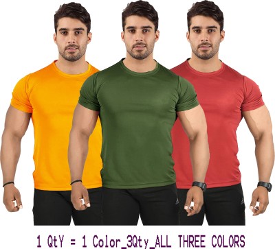 UDI n ADI Solid Men Round Neck Yellow, Maroon, Dark Green T-Shirt