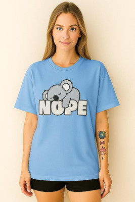 AdvibaFashion Graphic Print Women Round Neck Light Blue T-Shirt