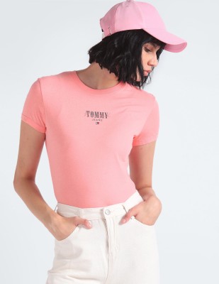 TOMMY HILFIGER Printed Women Round Neck Pink T-Shirt