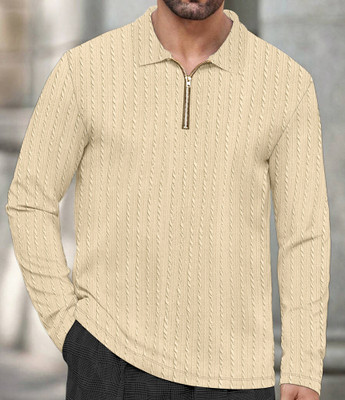 KAJARU Striped Men Polo Neck Beige T-Shirt