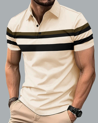 EyeBogler Colorblock Men Polo Neck Beige T-Shirt