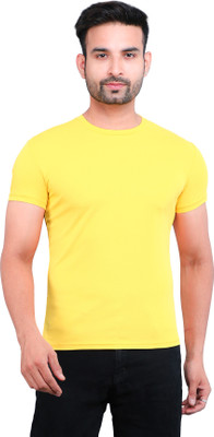 AAJ Solid Men Round Neck Yellow T-Shirt