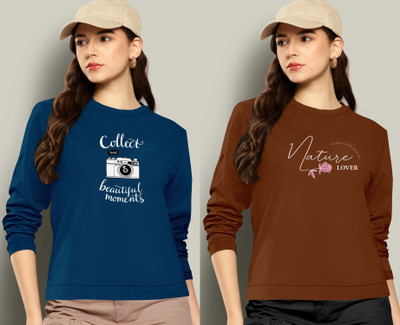 BelleBird Printed Women Round Neck Brown, Blue T-Shirt