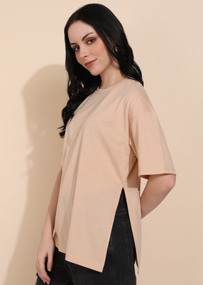 Adyavastram Solid Women Round Neck Beige T-Shirt