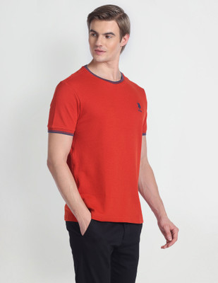 U.S. POLO ASSN. Solid Men Round Neck Orange T-Shirt