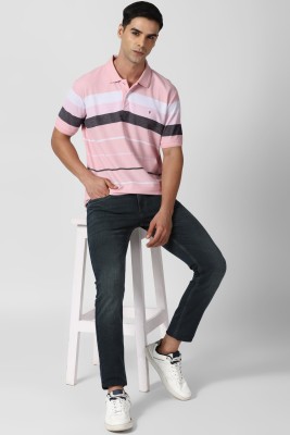VAN HEUSEN Striped Men Polo Neck Pink, White, Black T-Shirt