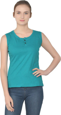 Trendfull Solid Women Henley Neck Light Blue T-Shirt