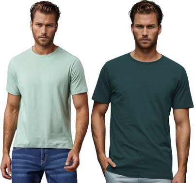 BlueFicus Solid Men Round Neck Light Green, Dark Green T-Shirt
