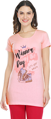 BODYACTIVE Printed Women Round Neck Pink T-Shirt