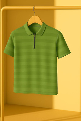 KASPY Striped Men Zip Neck Green T-Shirt