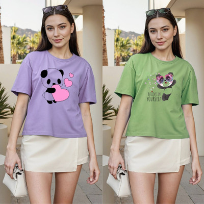 Herway Printed Women Round Neck Purple, Green T-Shirt