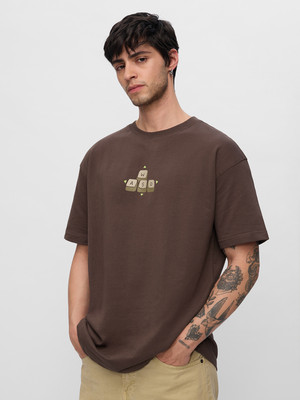 The Souled Store Printed Men Round Neck Brown T-Shirt
