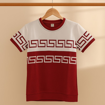 Ajmir Style Hub Geometric Print Men Round Neck White, Maroon T-Shirt