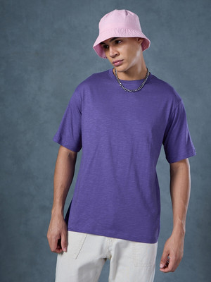 BEWAKOOF Solid Men Round Neck Purple T-Shirt
