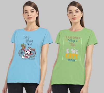 CHOZI Printed Women Round Neck Light Blue, Dark Green T-Shirt