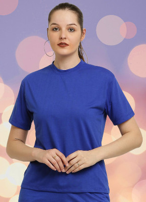 CANIDAE Solid Women Round Neck Blue T-Shirt