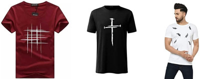 ATTITUDE START OF FASHION Printed Men Round Neck White, Maroon, Black T-Shirt