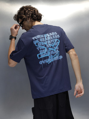 WROGN Graphic Print Men Crew Neck Navy Blue T-Shirt