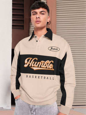 Jump Cuts Printed Men Polo Neck Beige T-Shirt