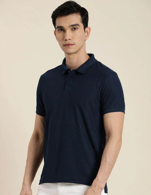 Shri Ji Collection Solid Men Polo Neck Navy Blue T-Shirt