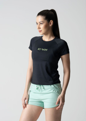 STRCH Solid Women Round Neck Black T-Shirt