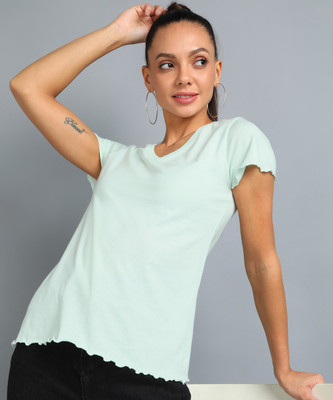 METRONAUT Solid Women V Neck Light Green T-Shirt