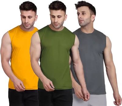 Renowned Solid Men Round Neck Yellow, Dark Green, Grey T-Shirt