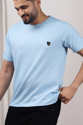 Yazole Solid Men Round Neck Blue T-Shirt
