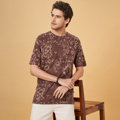 7 Alt by Pantaloons Printed Men Round Neck Brown T-Shirt
