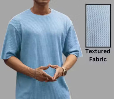 At Last Fashion Self Design Men Round Neck Light Blue T-Shirt