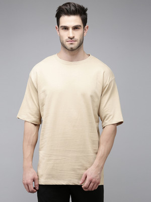 MADSTO Solid Men Round Neck Beige T-Shirt