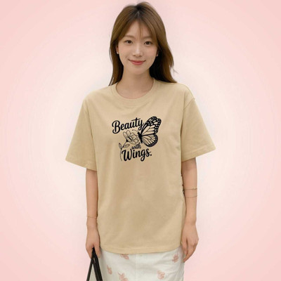 Hivewear Printed Women Round Neck Beige T-Shirt